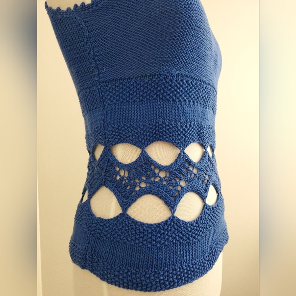 Vintage knit crochet top blue cotton cutout tank scoop neck sleeveless boho S M - Picture 7 of 16